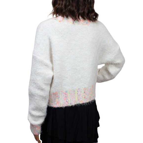 Free People Cream Multicolor Trim Cozy Knit Sweater, XS Slouchy Boho Pullover - Picture 2 of 6
